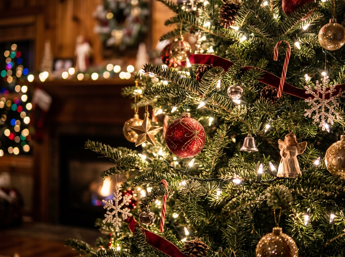 Close up of lit Christmas tree